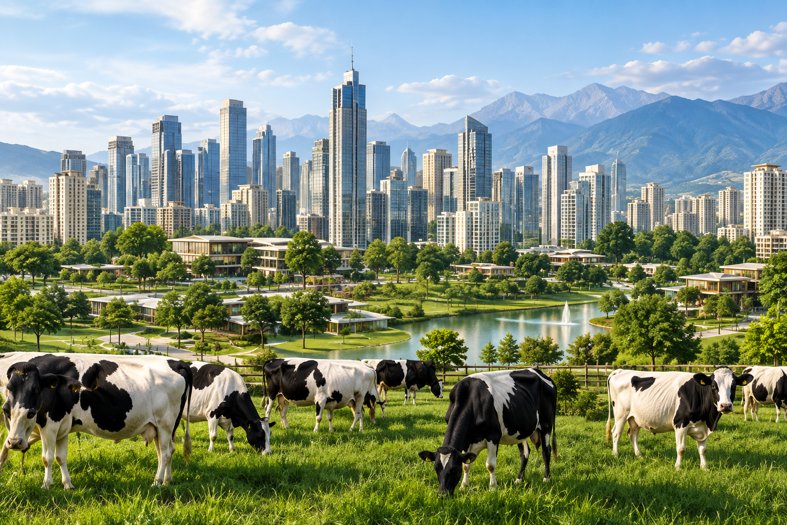 Regenerative dairy campus with city skyline